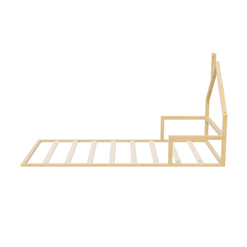 Oikiture Wooden Kids Bed Frame Floor Beds Chimney King Single Natural