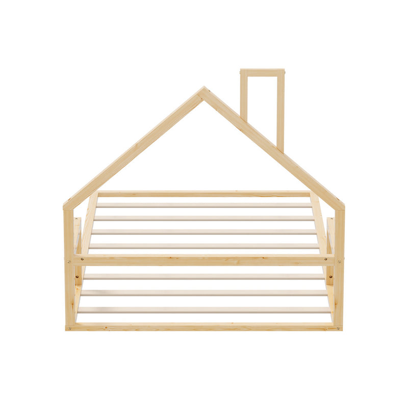 Oikiture Wooden Kids Bed Frame Floor Beds Chimney King Single Natural