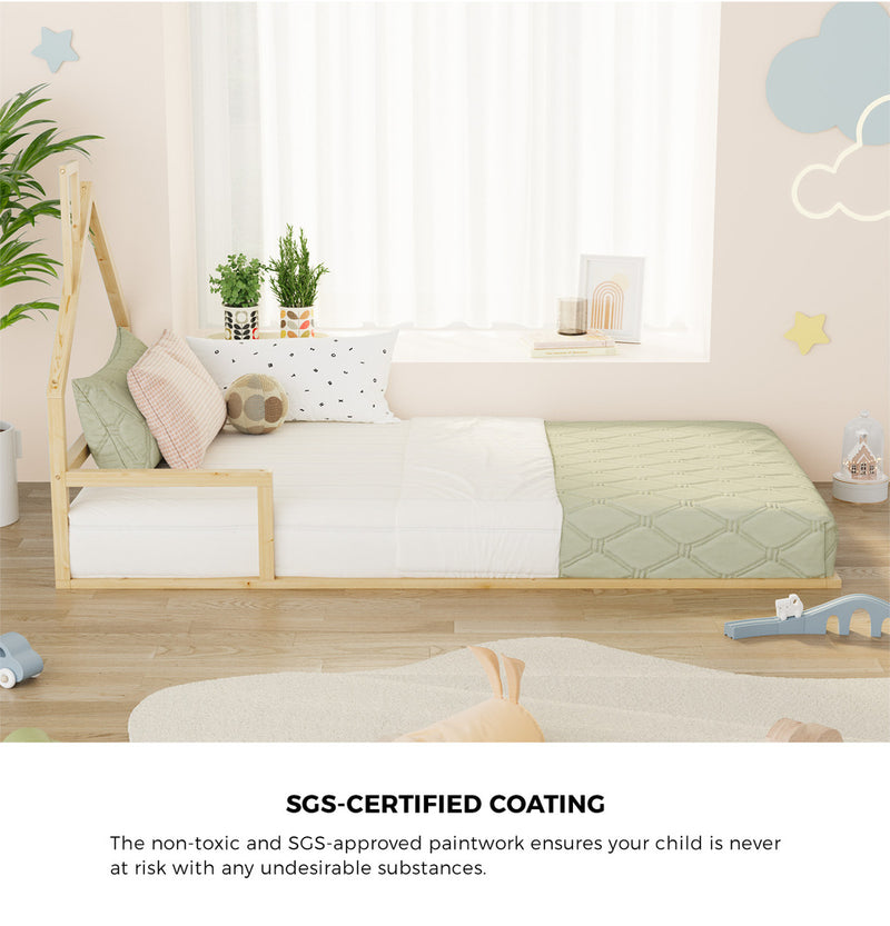 Oikiture Wooden Kids Bed Frame Floor Beds Chimney King Single Natural