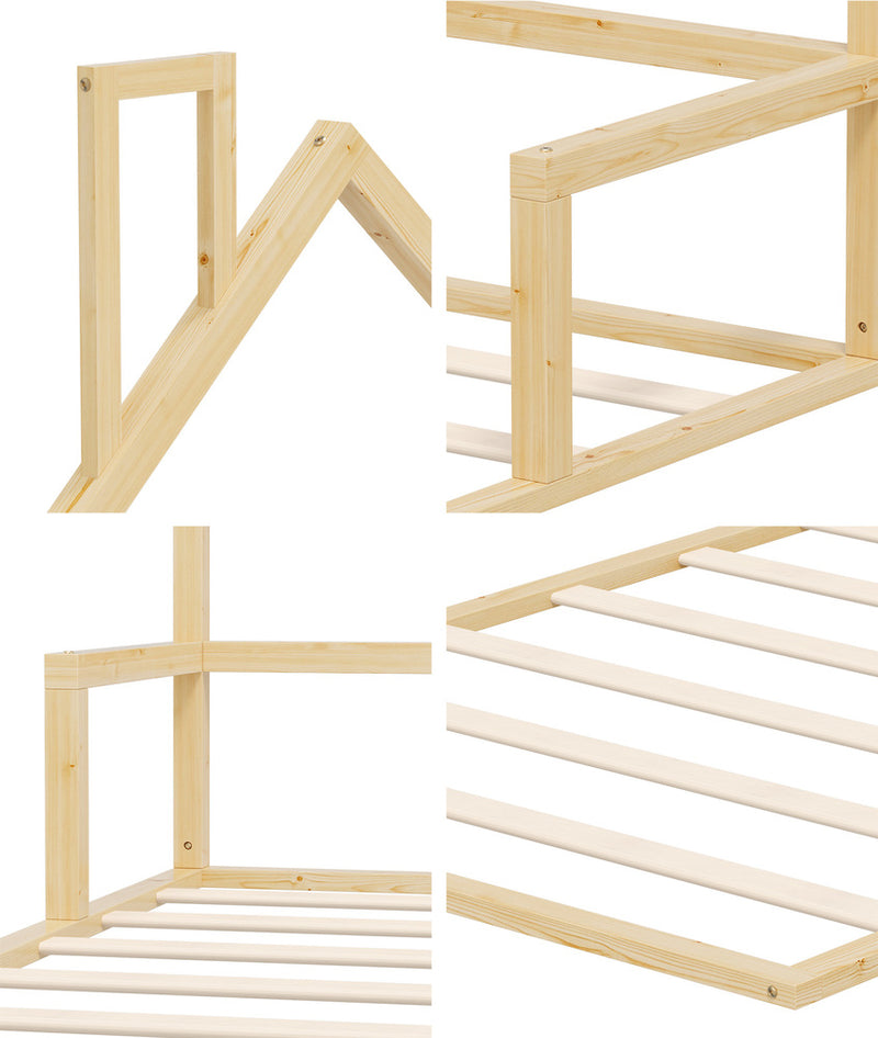 Oikiture Wooden Kids Bed Frame Floor Beds Chimney King Single Natural
