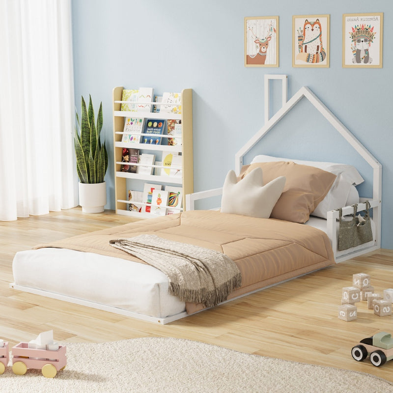 Oikiture Wooden Kids Bed Frame Floor Beds Chimney King Single White