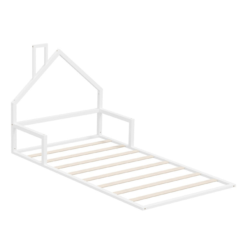 Oikiture Wooden Kids Bed Frame Floor Beds Chimney King Single White