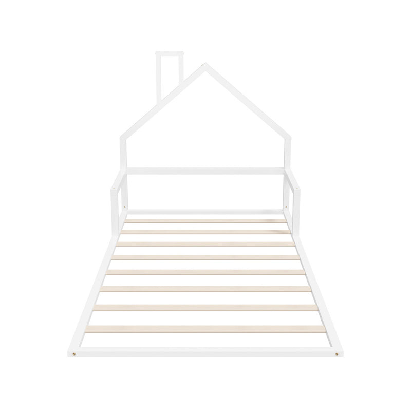Oikiture Wooden Kids Bed Frame Floor Beds Chimney King Single White