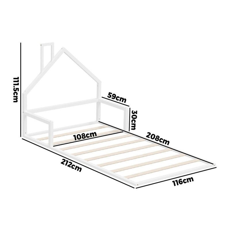 Oikiture Wooden Kids Bed Frame Floor Beds Chimney King Single White