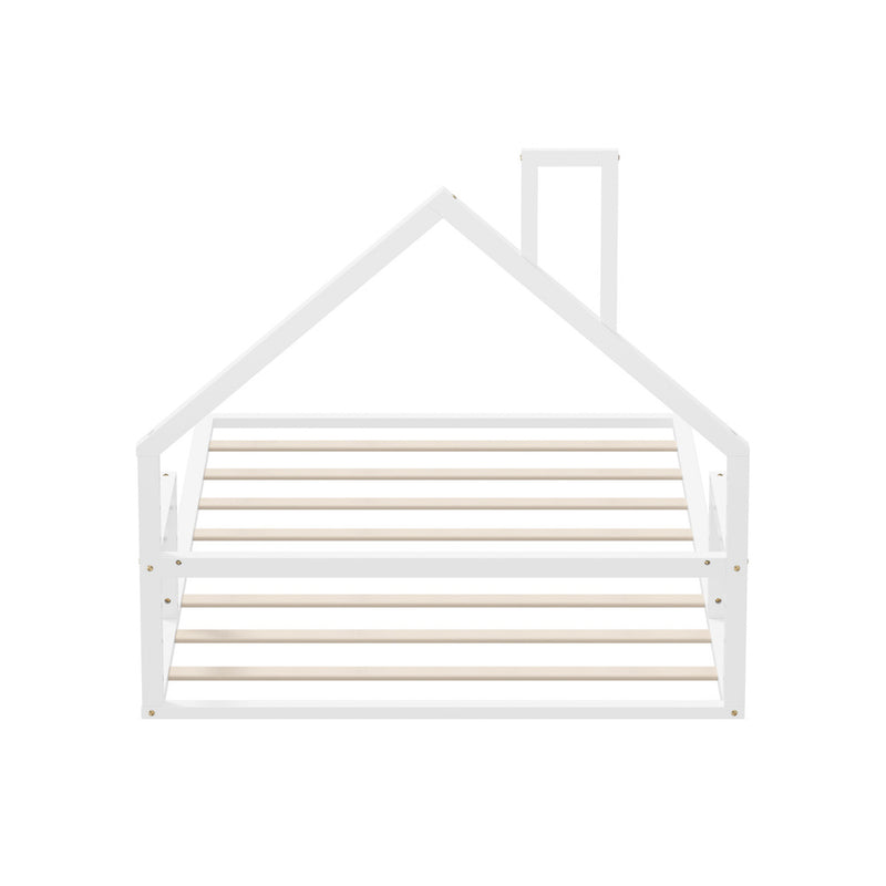 Oikiture Wooden Kids Bed Frame Floor Beds Chimney King Single White