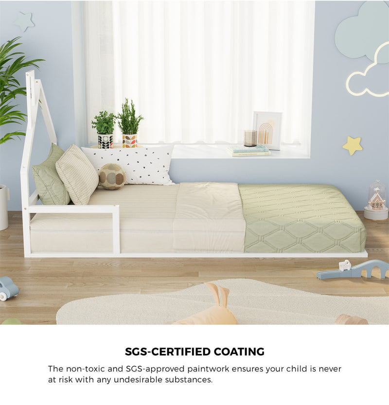 Oikiture Wooden Kids Bed Frame Floor Beds Chimney King Single White