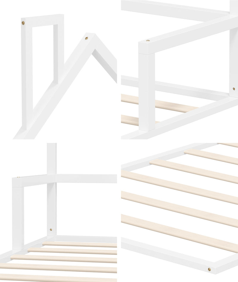Oikiture Wooden Kids Bed Frame Floor Beds Chimney King Single White