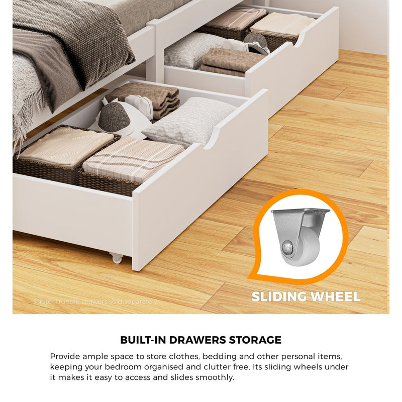Oikiture Wooden Bed Frame Double Size with Trundle Drawers White