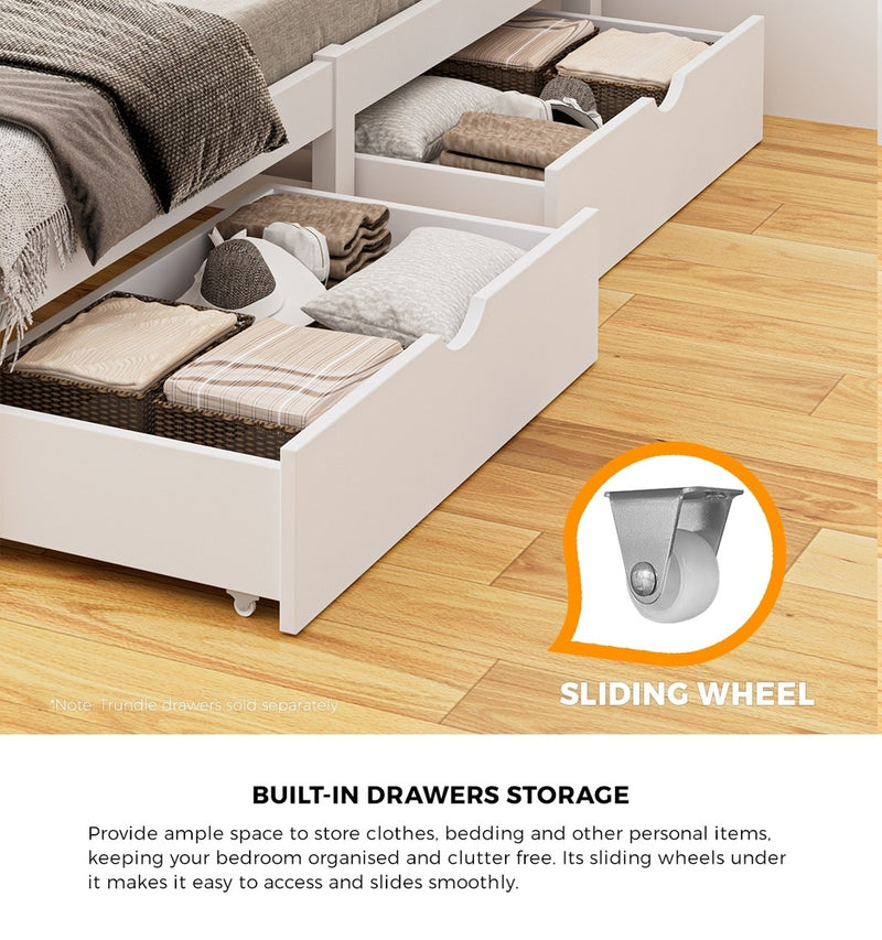 Oikiture Wooden Bed Frame King Size with Trundle Drawers White