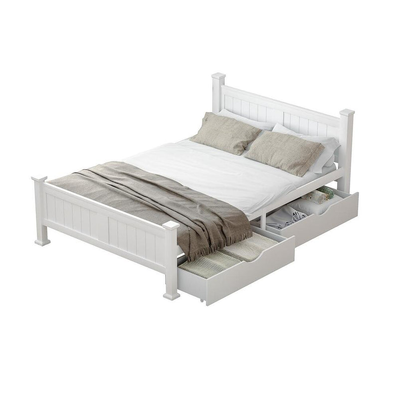 Oikiture Wood Double Bed Frame with 2 Storage Drawers White