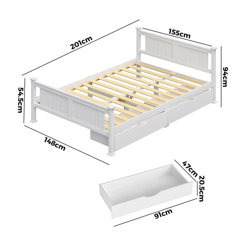 Oikiture Wood Double Bed Frame with 2 Storage Drawers White
