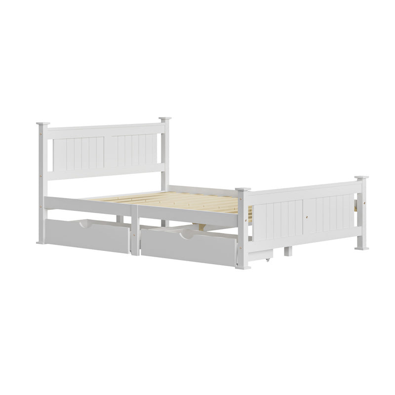 Oikiture Wood Double Bed Frame with 2 Storage Drawers White