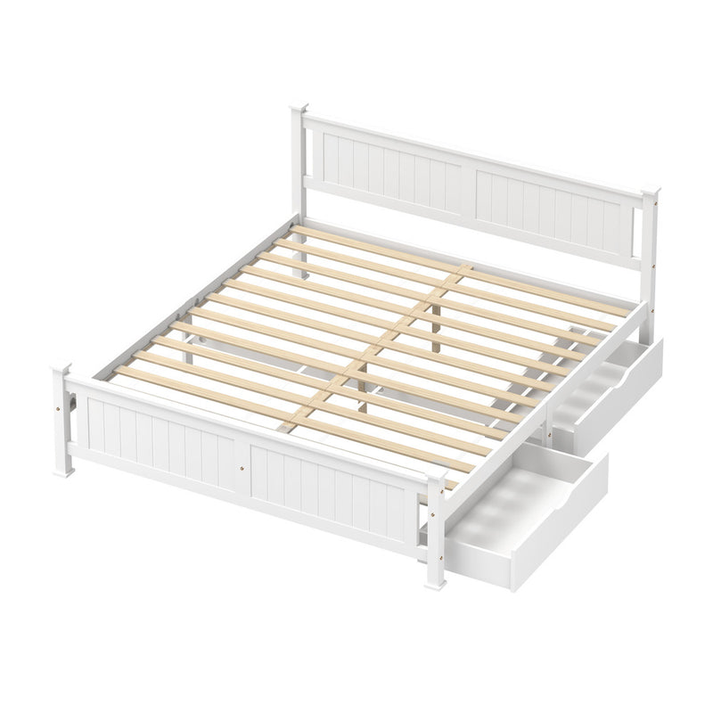 Oikiture Wood King Bed Frame with 2 Storage Drawers White