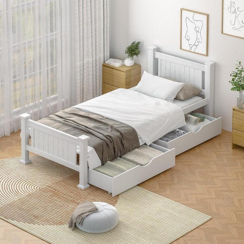 Oikiture Wood King Single Bed Frame with 2 Storage Drawers White