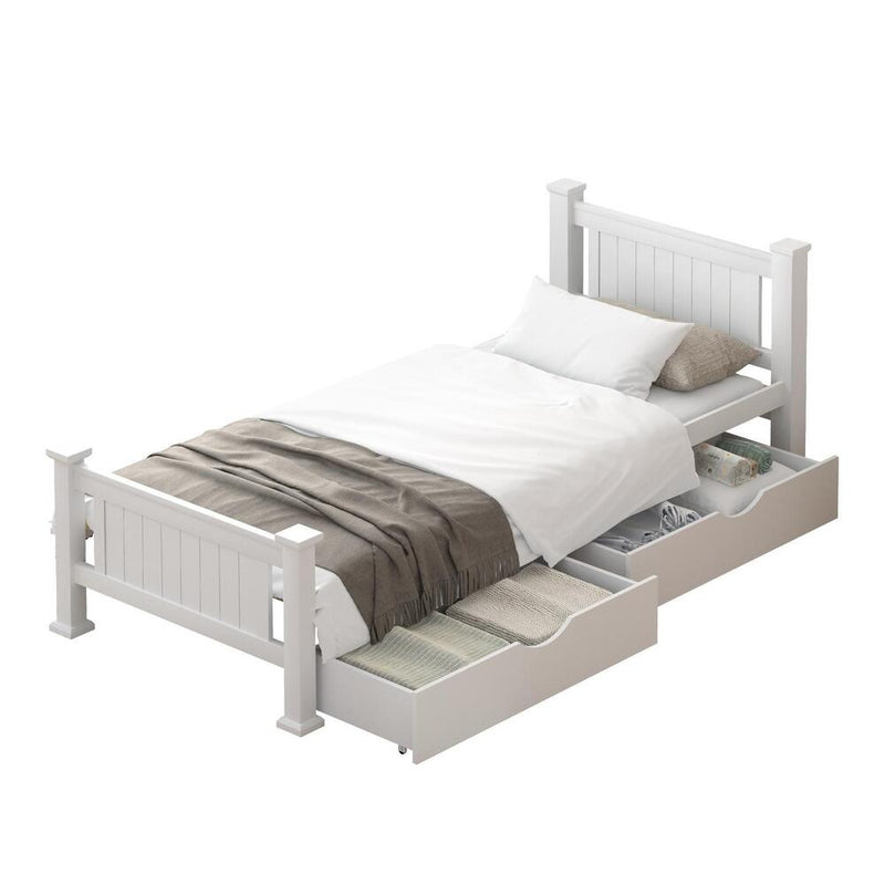 Oikiture Wood King Single Bed Frame with 2 Storage Drawers White