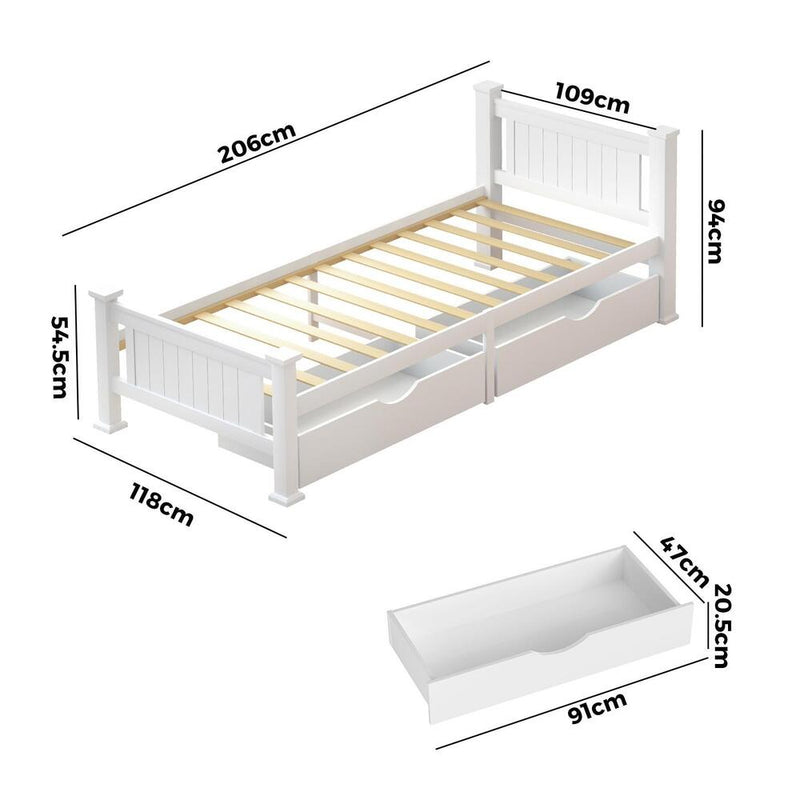 Oikiture Wood King Single Bed Frame with 2 Storage Drawers White