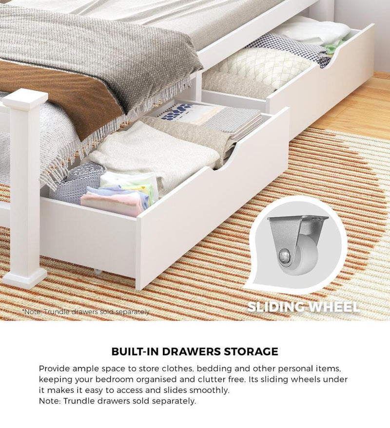 Oikiture Wood King Single Bed Frame with 2 Storage Drawers White