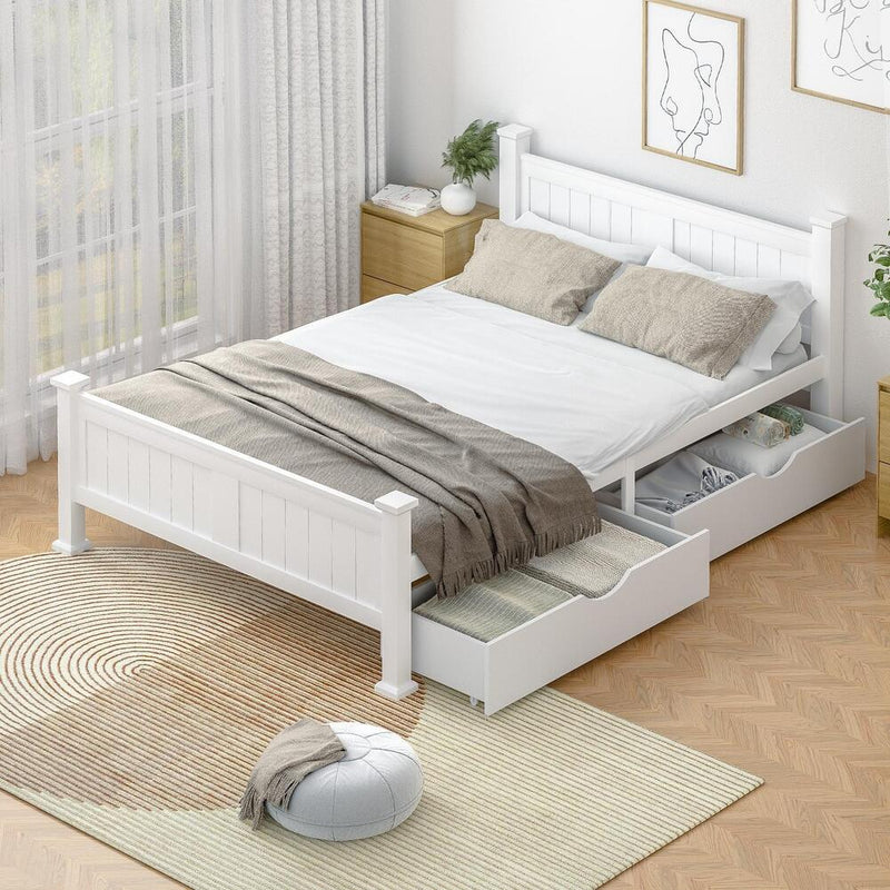 Oikiture Wood Queen Bed Frame with 2 Storage Drawers White