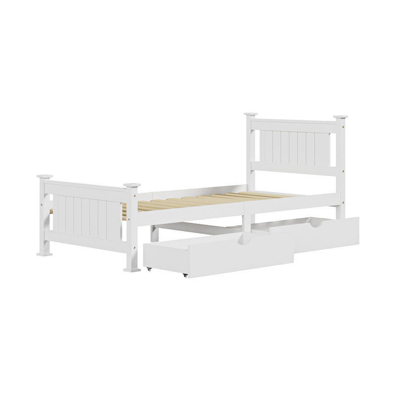 Oikiture Wood Single Bed Frame with 2 Storage Drawers White