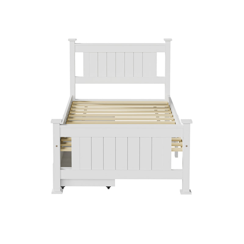Oikiture Wood Single Bed Frame with 2 Storage Drawers White