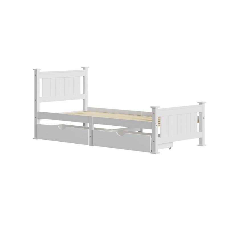 Oikiture Wood Single Bed Frame with 2 Storage Drawers White
