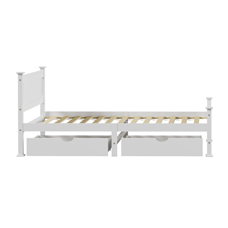 Oikiture Wood Single Bed Frame with 2 Storage Drawers White