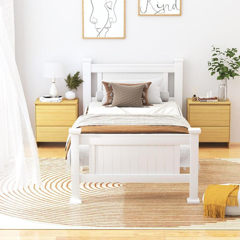 Oikiture Wood Single Bed Frame with 2 Storage Drawers White