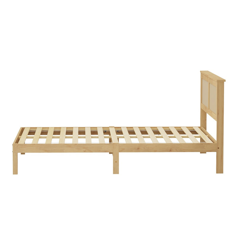 Oikiture Double Size Wooden Bed Frame & Wicker Rattan Headboard