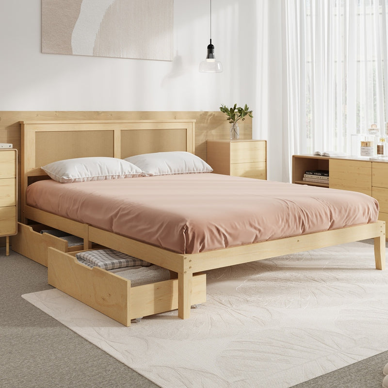 Oikiture Double Wooden Bed Frame with 2 Drawers Rattan Headboard