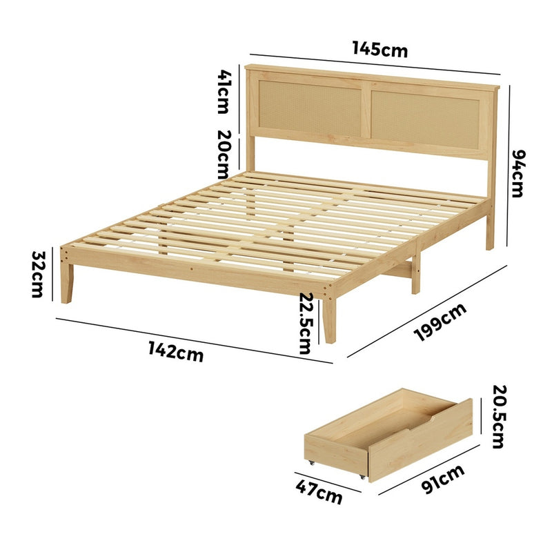 Oikiture Double Wooden Bed Frame with 2 Drawers Rattan Headboard