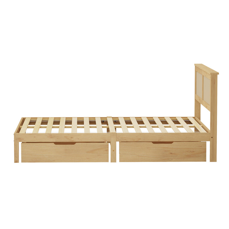 Oikiture Double Wooden Bed Frame with 2 Drawers Rattan Headboard