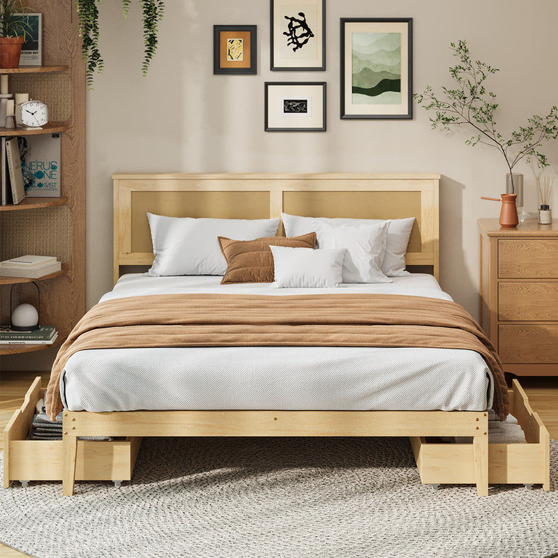 Oikiture Double Wooden Bed Frame with 2 Drawers Rattan Headboard