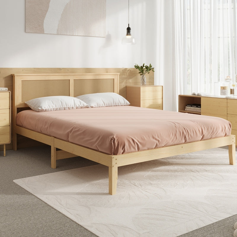 Oikiture Queen Size Wooden Bed Frame & Wicker Rattan Headboard