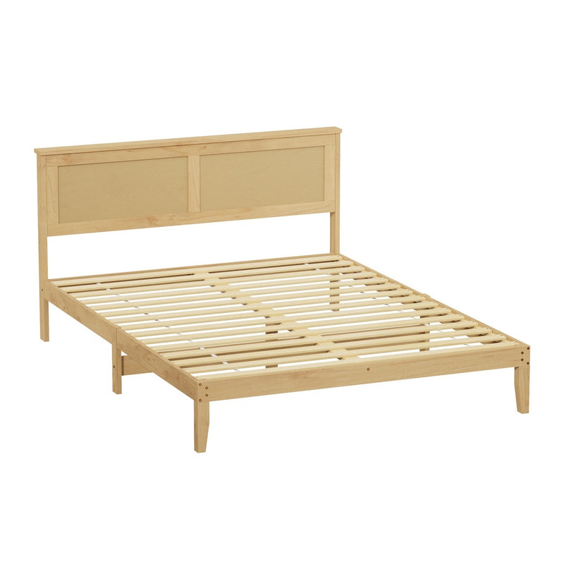 Oikiture Queen Size Wooden Bed Frame & Wicker Rattan Headboard
