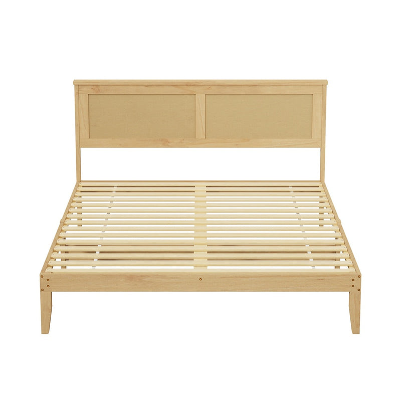 Oikiture Queen Size Wooden Bed Frame & Wicker Rattan Headboard