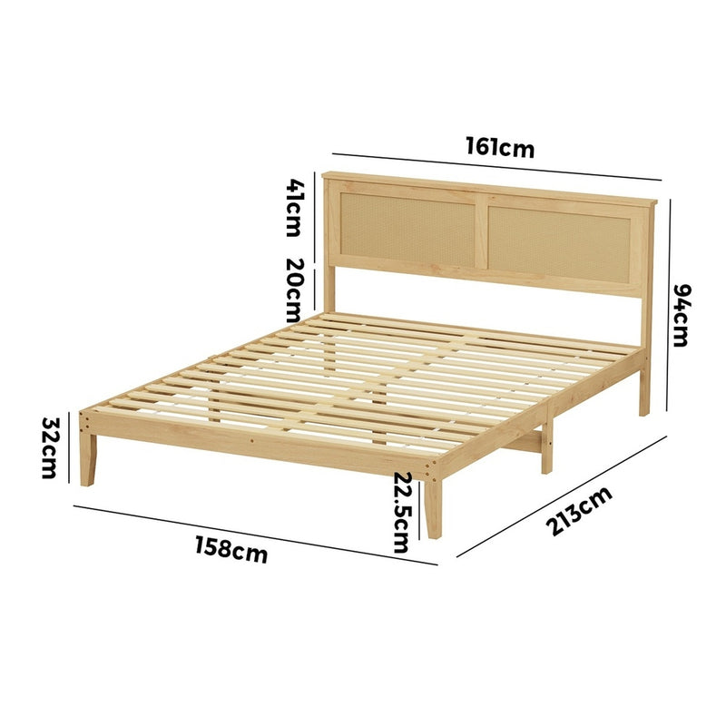 Oikiture Queen Size Wooden Bed Frame & Wicker Rattan Headboard