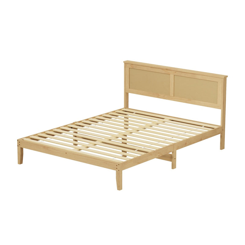 Oikiture Queen Size Wooden Bed Frame & Wicker Rattan Headboard