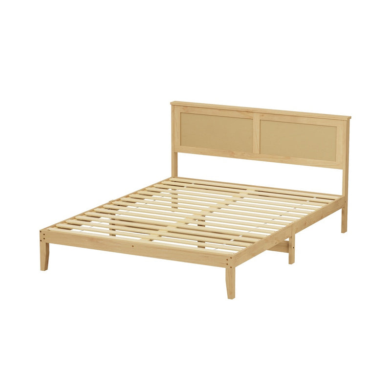 Oikiture Queen Size Wooden Bed Frame & Wicker Rattan Headboard