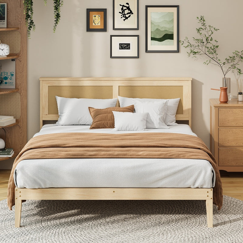 Oikiture Queen Size Wooden Bed Frame & Wicker Rattan Headboard