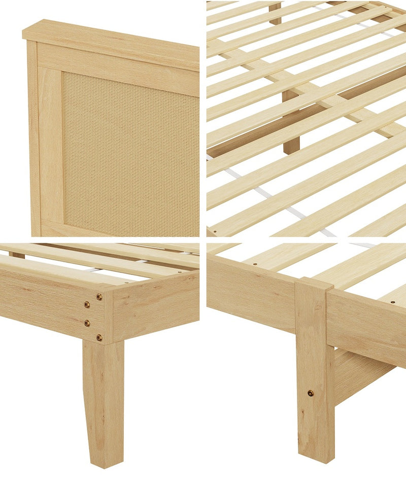 Oikiture Queen Size Wooden Bed Frame & Wicker Rattan Headboard