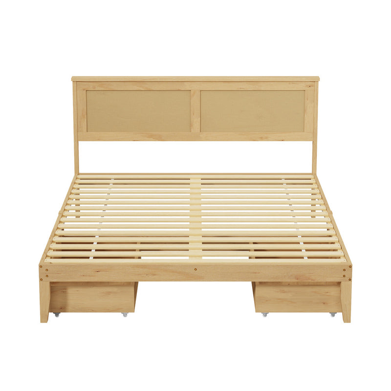 Oikiture Queen Wooden Bed Frame with 2 Drawers Rattan Headboard