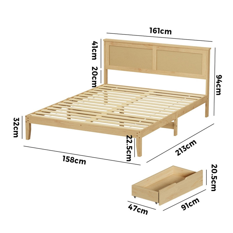 Oikiture Queen Wooden Bed Frame with 2 Drawers Rattan Headboard