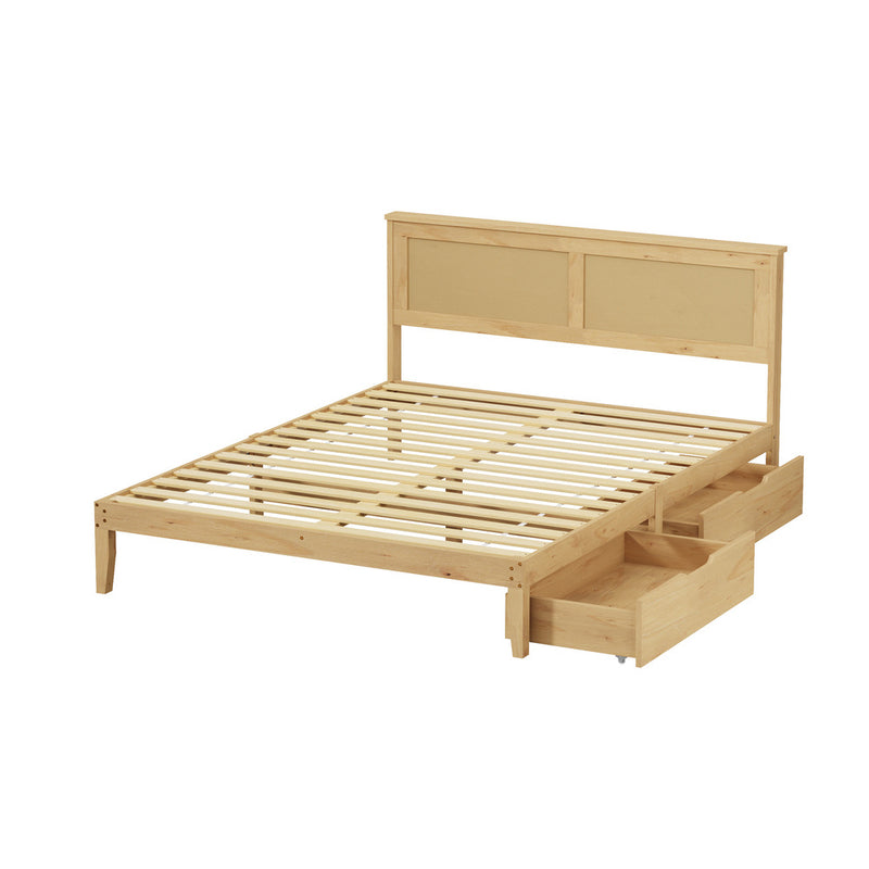 Oikiture Queen Wooden Bed Frame with 2 Drawers Rattan Headboard