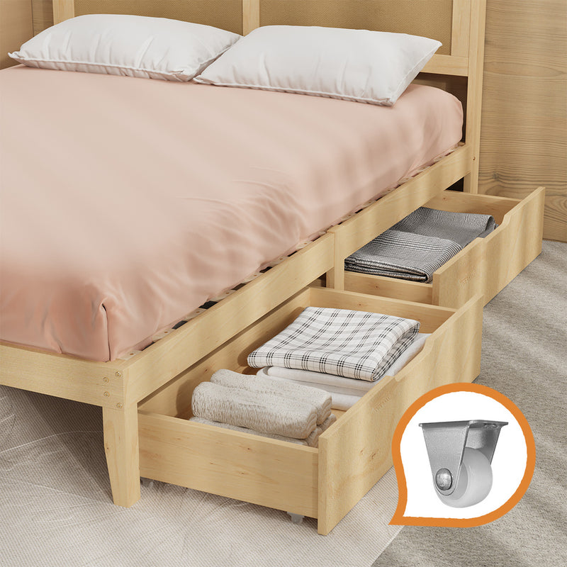 Oikiture Queen Wooden Bed Frame with 2 Drawers Rattan Headboard