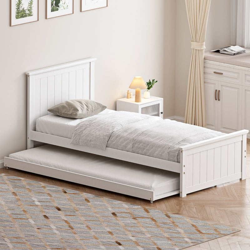 Oikiture Trundle Bed Frame Single Size Wooden Daybed White