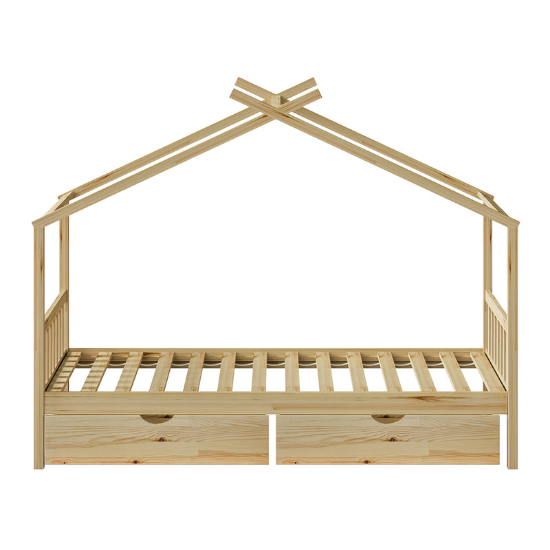 Oikiture House Bed Frame Wooden Single Size with Drawers