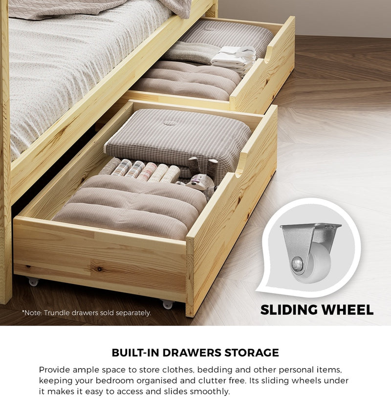 Oikiture House Bed Frame Wooden Single Size with Drawers