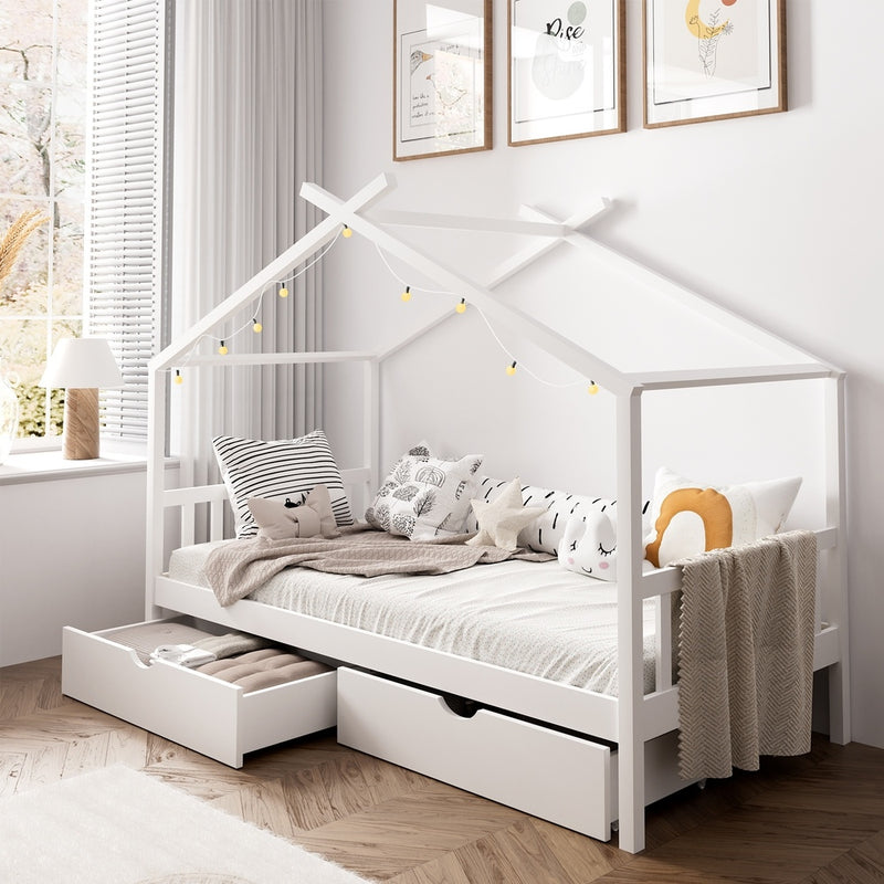 Oikiture Bed Frame Wooden Single House Frame with Drawers White