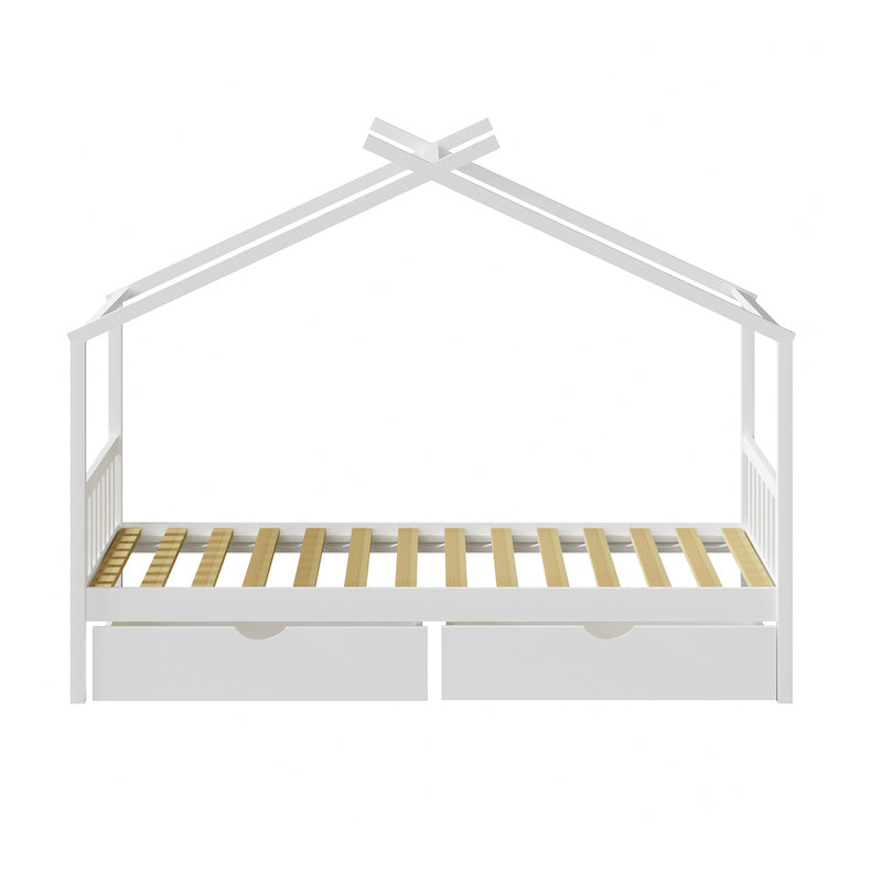 Oikiture Bed Frame Wooden Single House Frame with Drawers White