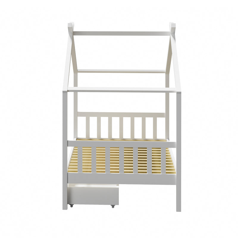 Oikiture Bed Frame Wooden Single House Frame with Drawers White